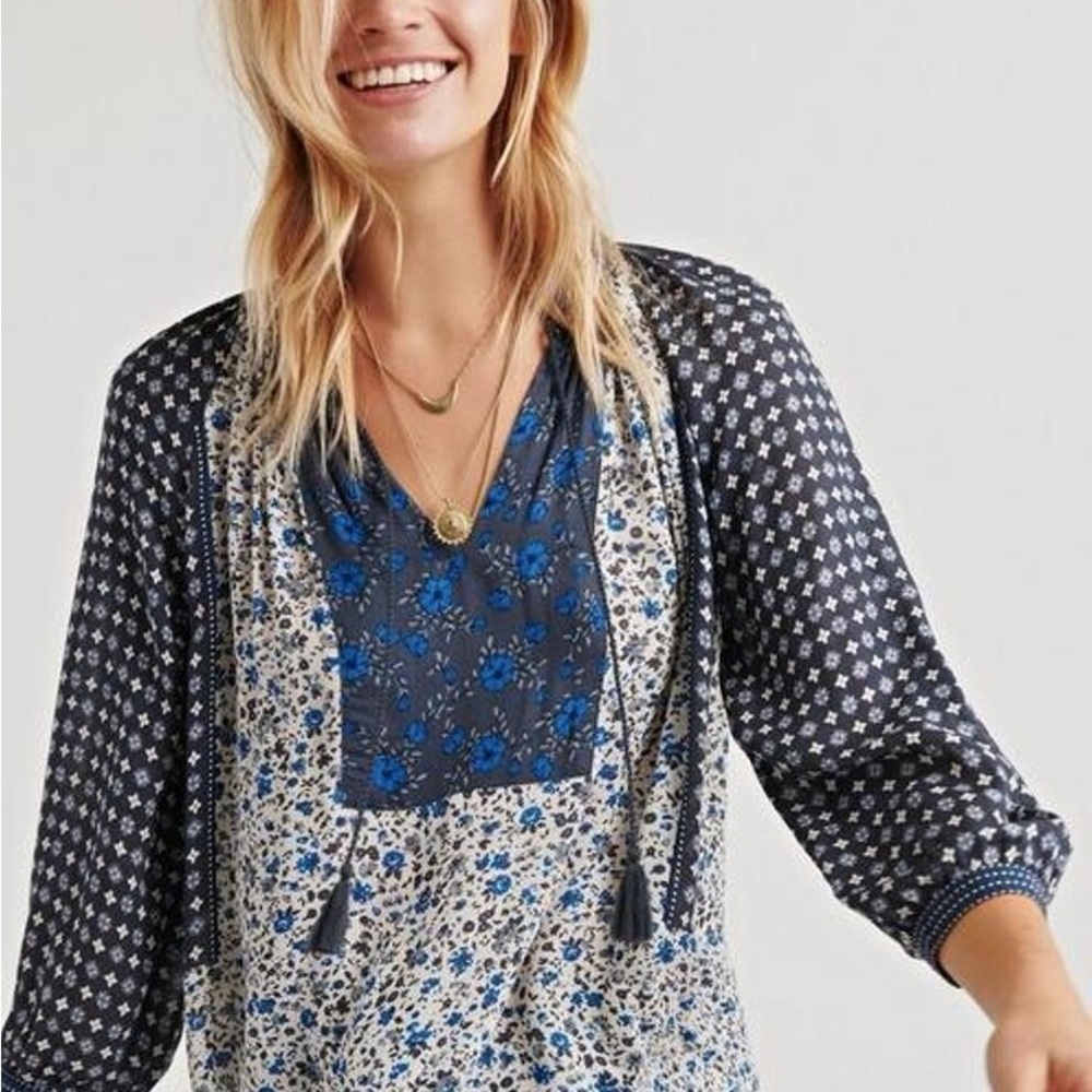 Lucky Brand Boho Blue Floral Border Print Peasant Top - Blue-Sz 3X